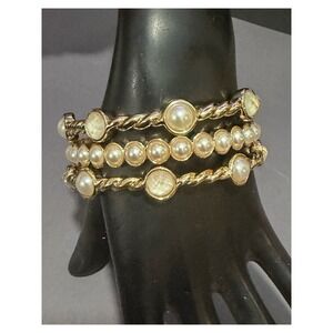Anne Klein Bangle Bracelet Set Women's Gold Tone  Pearl  Stackable 3pc
